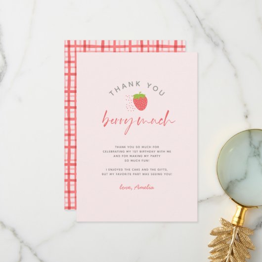 スイートストロベリーベリーラージスクリプト誕生日 サンキューカード (正面/裏面インサイチュ)