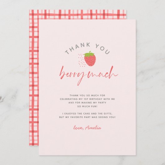 スイートストロベリーベリーラージスクリプト誕生日 サンキューカード (正面/裏面)