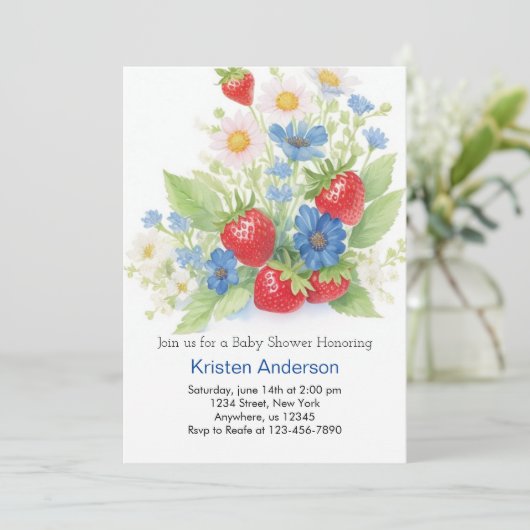 スイートストロベリーメドウ男の子の赤ちゃんシャワー 招待状 (スタンド正面)
