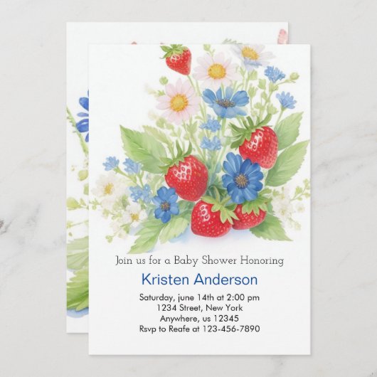 スイートストロベリーメドウ男の子の赤ちゃんシャワー 招待状 (正面/裏面)