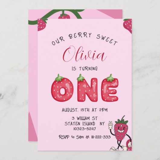 スイートストロベリー1stバースデーフォト招待状 招待状 (正面/裏面)