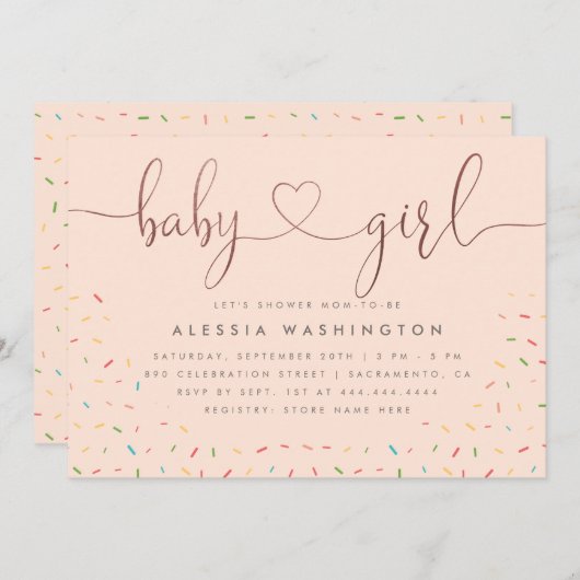 スイートスプリカラフルンクルバラ金ゴールドガールベビーシャワー 招待状 (正面/裏面)