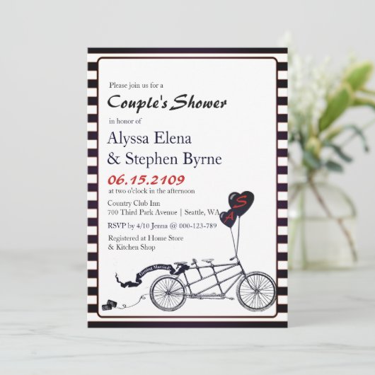 スイートタンデムモダン自転車カップルのシャワー 招待状 (スタンド正面)