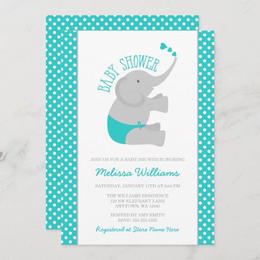 スイートターコイズグレーエレファントベビーシャワー 招待状 (正面/裏面)
