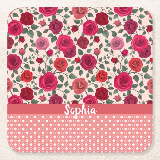 スイートダスティピンクローズパーソナライズされた スクエアペーパーコースター (正面)