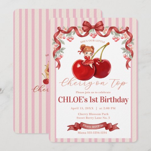 スイートチェリー ピンク コケット 誕生日招待状 招待状 (正面/裏面)