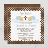 スイートツインズ男の赤ちゃん聖なるバプテスマ 招待状 (正面/裏面)