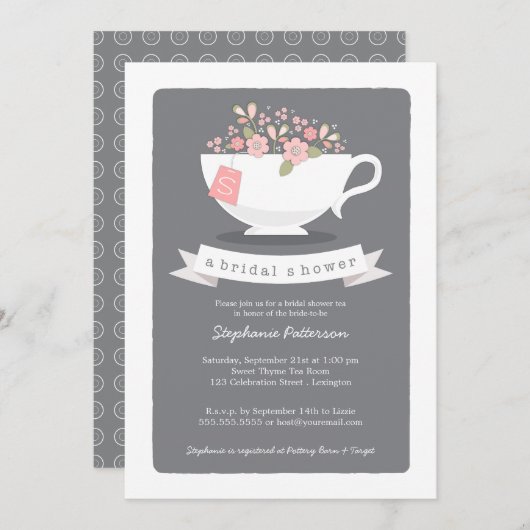 スイートティーカップピンクフローラブライダルシャワー招待 招待状 (正面/裏面)