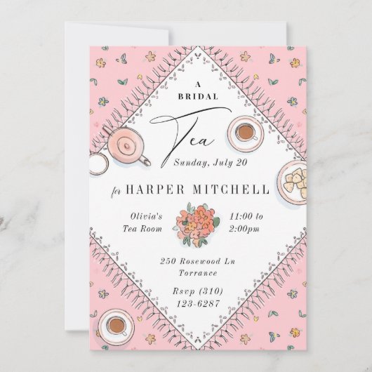 スイートティーパーティーピンクブライダルシャワー 招待状 (正面)