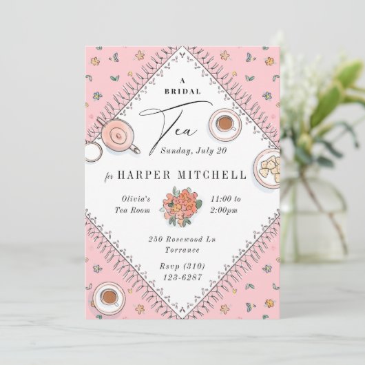 スイートティーパーティーピンクブライダルシャワー 招待状 (スタンド正面)