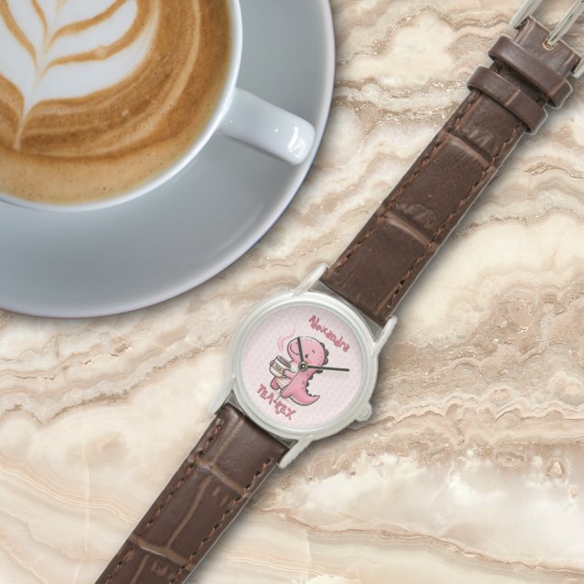 スイートティーレックスパーソナライズされた恐竜の動物パン 腕時計 (Sweet Tea-Rex Personalized Dinosaur Animal Pun Polka Dot watch)