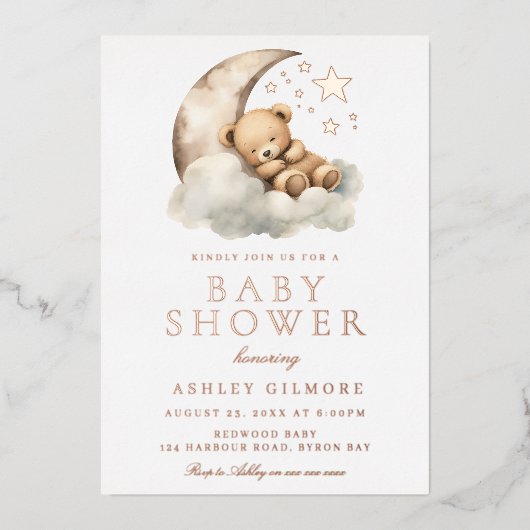 スイートテディベアニュートラルベビーシャワーバラ金ゴールド 箔招待状 (正面)