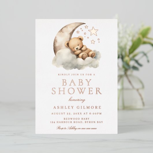 スイートテディベアニュートラルベビーシャワーバラ金ゴールド 箔招待状 (立ち正面)