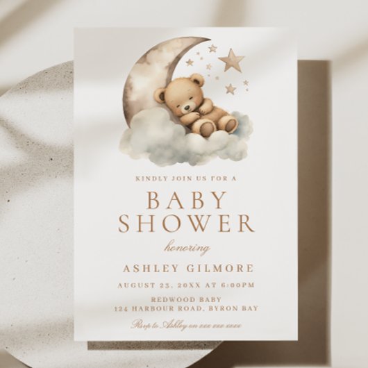スイートテディベアーベージュニュートラルベビーシャワー 招待状