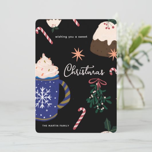 スイートデザート図解入りの、写真付きのホリデーフードクリスマス シーズンカード (スタンド正面)