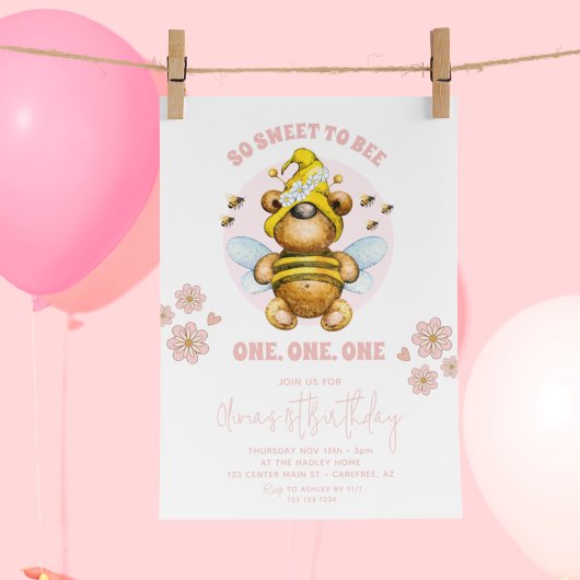 スイートトゥビーピンクハニーベア1歳の誕生日 招待状