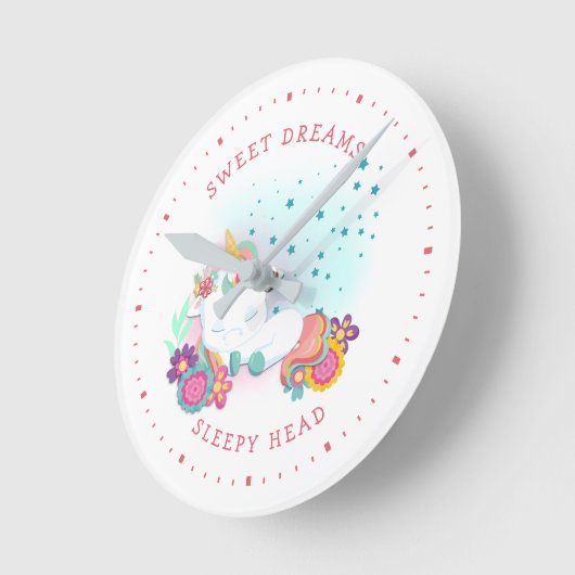 スイートドリームスリーピーヘッドユニコーンピンクホワイト分 ラウンド壁時計 (傾斜)