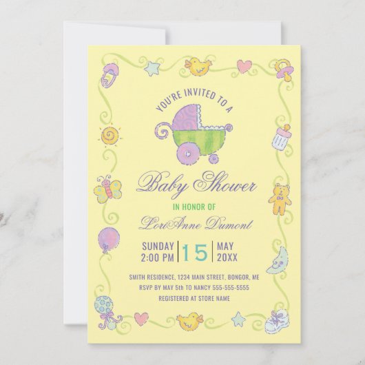 スイートドリームズキャリッジイエローベビーシャワー 招待状 (正面)
