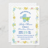 スイートドリームズキャリッジブルー&ホワイトベイビーシャワー 招待状 (正面/裏面)