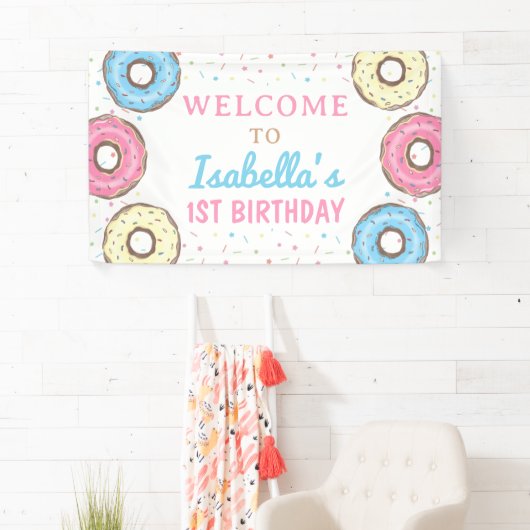 スイートドーナツ振りかける誕生日ウェルカムバックドロップ 横断幕 (インサイチュ)