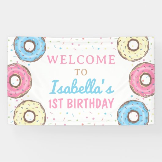 スイートドーナツ振りかける誕生日ウェルカムバックドロップ 横断幕 (横)
