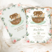 スイートノアズアークピンクフローラガールベビーシャワー 招待状