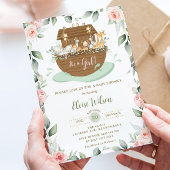 スイートノアズアークピンクフローラガールベビーシャワー 招待状