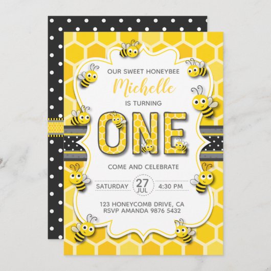スイートハニービーファースト誕生日 招待状 (正面/裏面)
