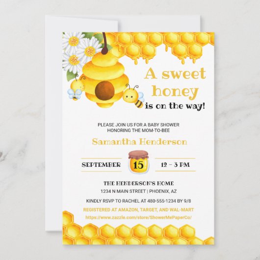 スイートハニービーベビーシャワー招待状 招待状 (正面)