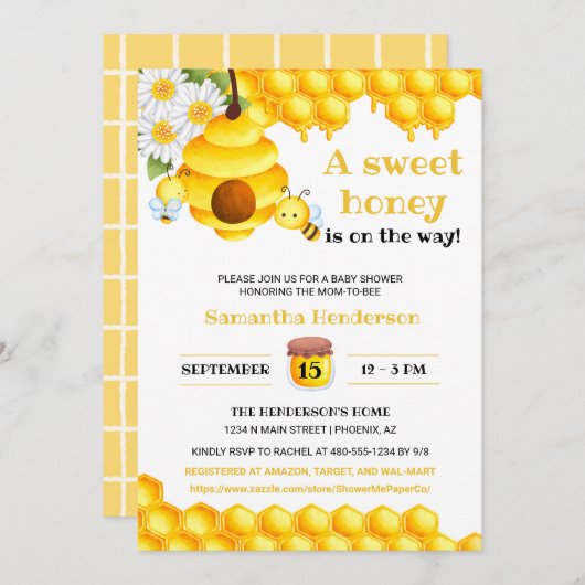 スイートハニービーベビーシャワー招待状 招待状 (正面/裏面)