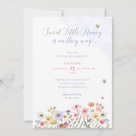 スイートハニービーワイルドフラワーズ&レースベビーシャワー 招待状 (正面)