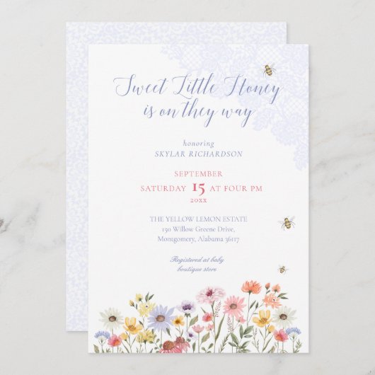 スイートハニービーワイルドフラワーズ&レースベビーシャワー 招待状 (正面/裏面)