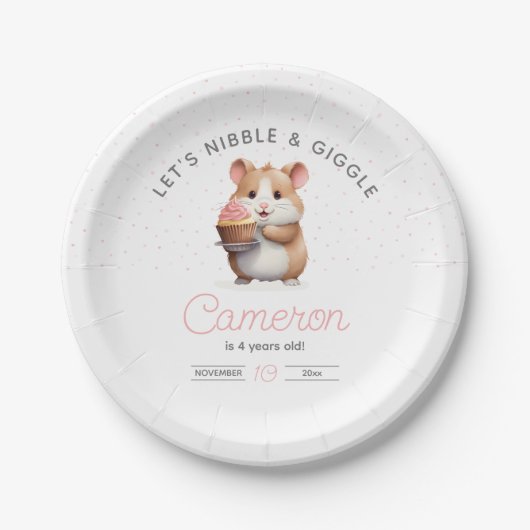 スイートハムスター、ピンクカップケーキチルドレン誕生日 ペーパープレート (正面)