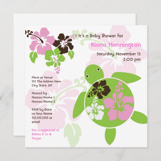 スイートハワイアンホヌベビーシャワー招待状スクエア 招待状 (正面/裏面)