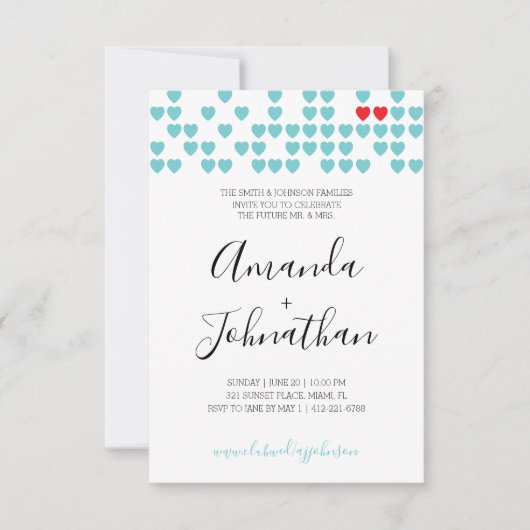 スイートハートカップルウェディングシャワーレトロレッドアクア 招待状 (正面)