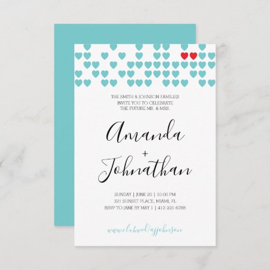 スイートハートカップルウェディングシャワーレトロレッドアクア 招待状 (正面/裏面)