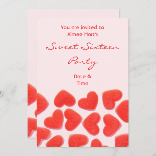 スイートハートピンク'Sweet sixteenパーティー'への招待 招待状 (正面/裏面)