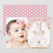 スイートバニーうさぎピンク1歳2歳3歳の誕生日フォト 招待状 (正面/裏面)
