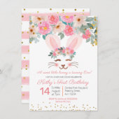 スイートバニーの初誕生日の招待の女の子フローラ 招待状 (正面/裏面)