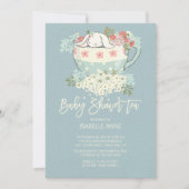 スイートバニーティーカップブルーベビーシャワー招待状 招待状 (正面)