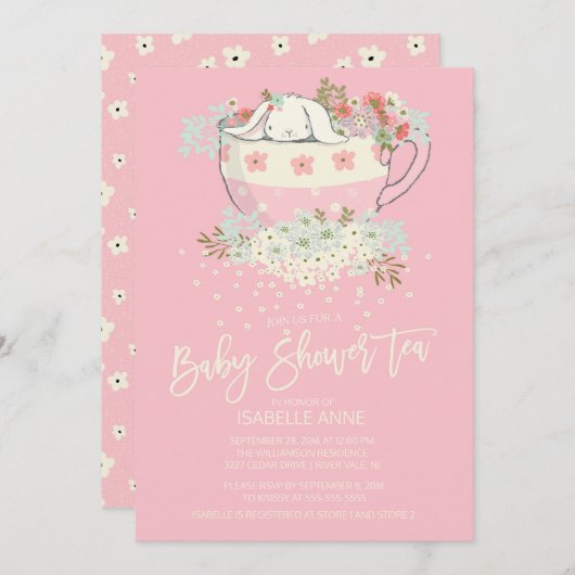 スイートバニーティーピンクガールズベビーシャワー招待状 招待状 (正面/裏面)