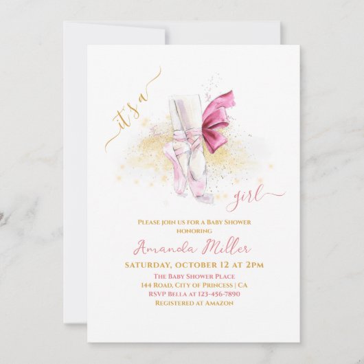 スイートバレエシューズイラストレーションベビーガールシャワー 招待状 (正面)