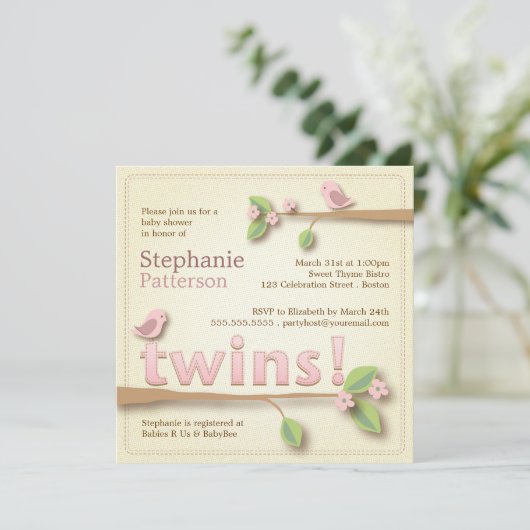 スイートバーディツインガールズベビーシャワー招待状 招待状 (スタンド正面)