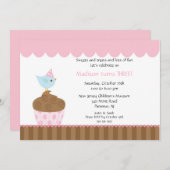 スイートバードオンカップケーキ誕生日招待状 招待状 (正面/裏面)