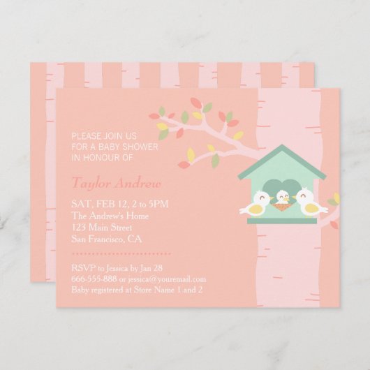 スイートバードハウスネストバード春ピンクベビーシャワー 招待状 (正面/裏面)
