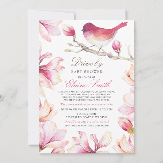 スイートバードピンクフローラガールベビーシャワーでドライブ 招待状 (正面)