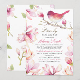 スイートバード ピンク フラワーのドライブバイ 女の子 ベイビーシャワー 招待状