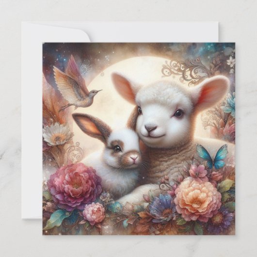 スイートパステルウォーターカラーラムバニーフラワーズ シーズンカード (正面)