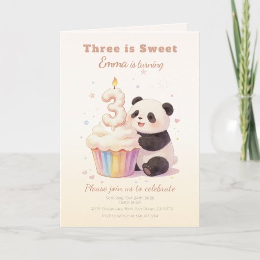 スイートパステルパンダベイビー3歳の誕生日 招待状 (正面)