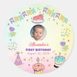 スイートパステルベイビーボーイ1歳の誕生日フォト ラウンドシール